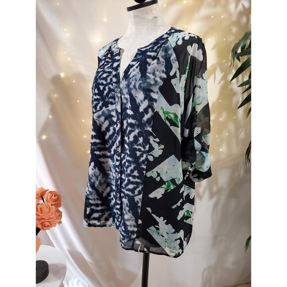 Calvin Klein Mixed Print Roll Sleeve Blouse Womens Size XL Career Office Top - Picture 4 of 12